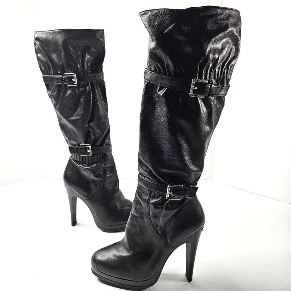 Michael Kors Stiletto High Heel Platform Boots Size 7.5 Black Leather Knee High - Picture 1 of 16
